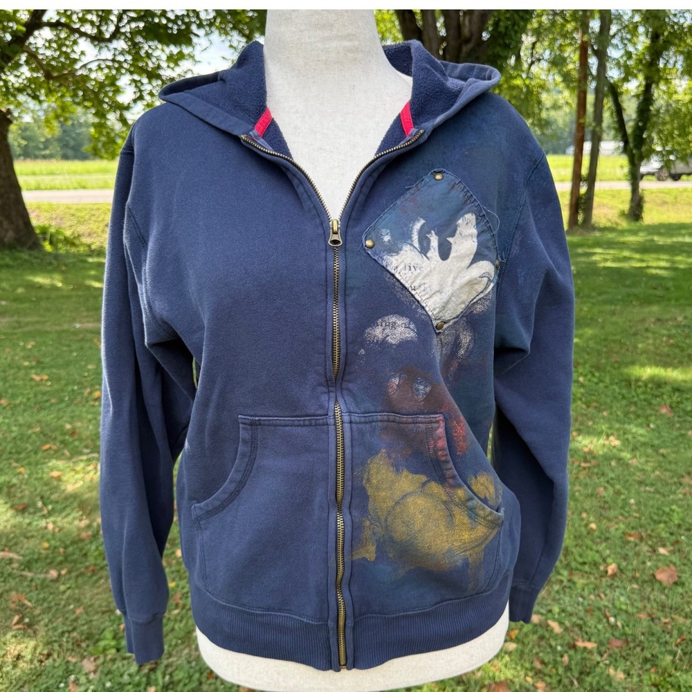 Disney Store Mickey Mouse Navy Blue Full Zip Hoodie Paint Splatter Small Grunge
